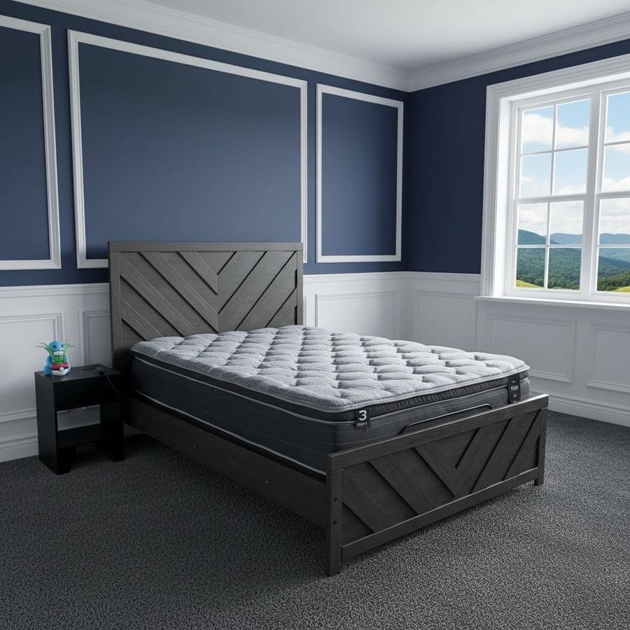 Ecco Pillow Top mattress with a gray quilted top on a gray chevron wood bed