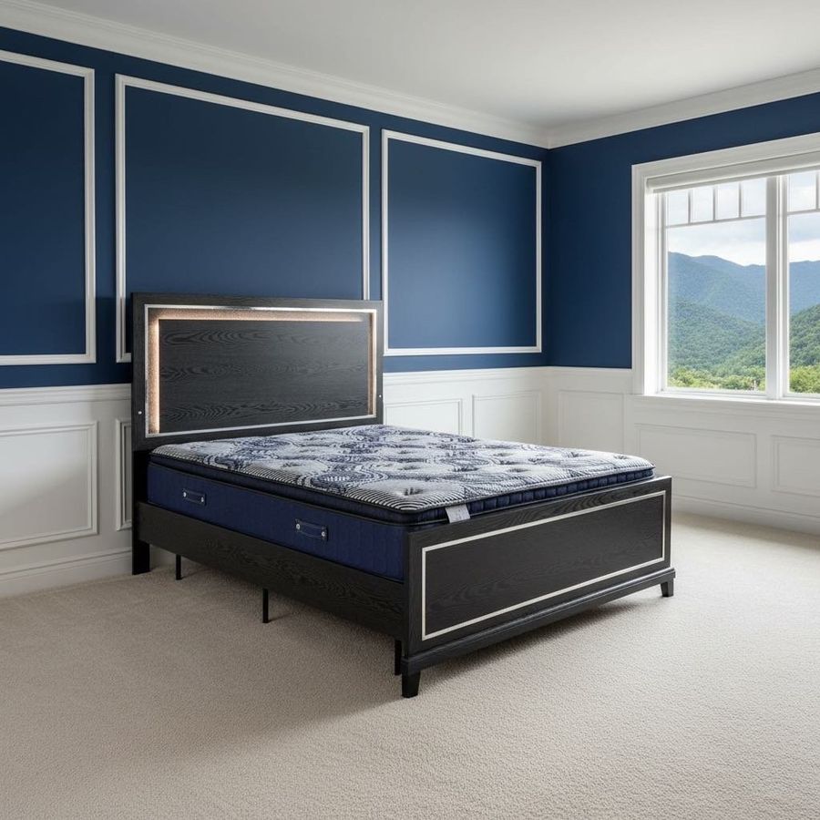 Kingdom Blue Pillow Top mattress with a blue patterned top on a black bed with a lighted headboard
