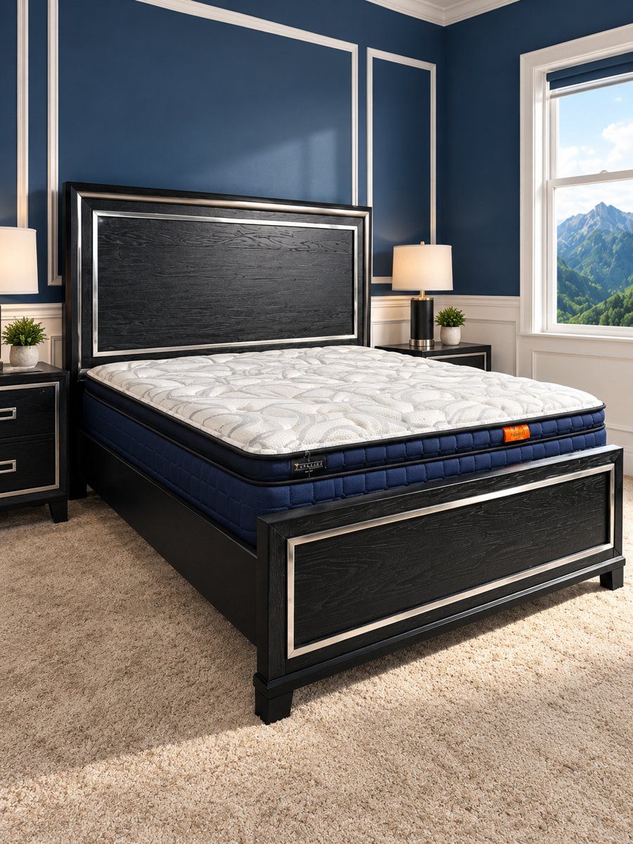 Kingdom Royalty Cooling Pillow Top mattress with a white quilted top and navy sides on a black bed