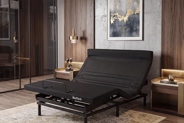 BedTech BT9000 Ultimate Base in black with the head and foot raised in a bedroom