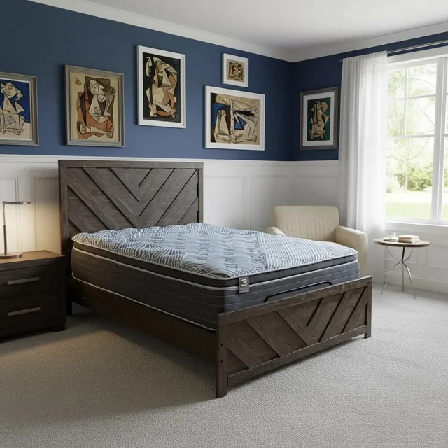 Comfort Bedding mattress with a blue-gray quilted top on a dark chevron wood bed