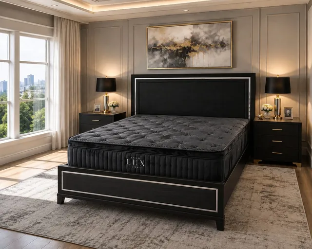 Comfort Bedding mattress with a black quilted pillow top on a black upholstered bed