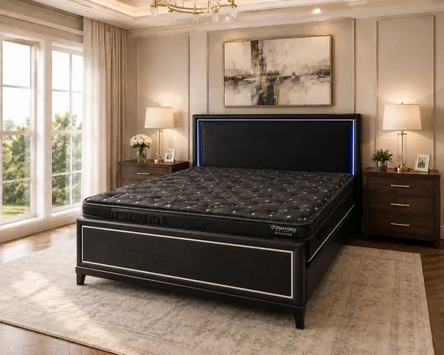 Diamond mattress with a black quilted top on a black bed with a lighted headboard