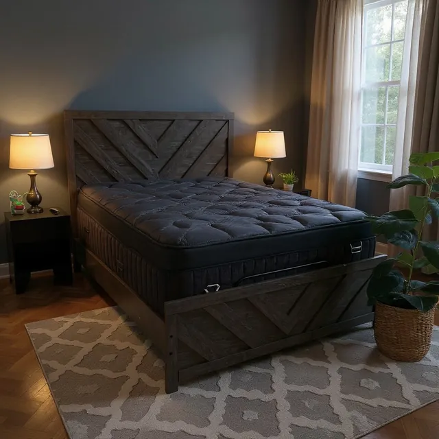 Diamond mattress with a dark quilted top on a gray chevron wood bed