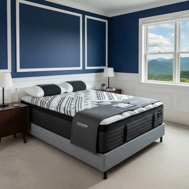 Diamond mattress with a striped gray and white top on a gray platform base