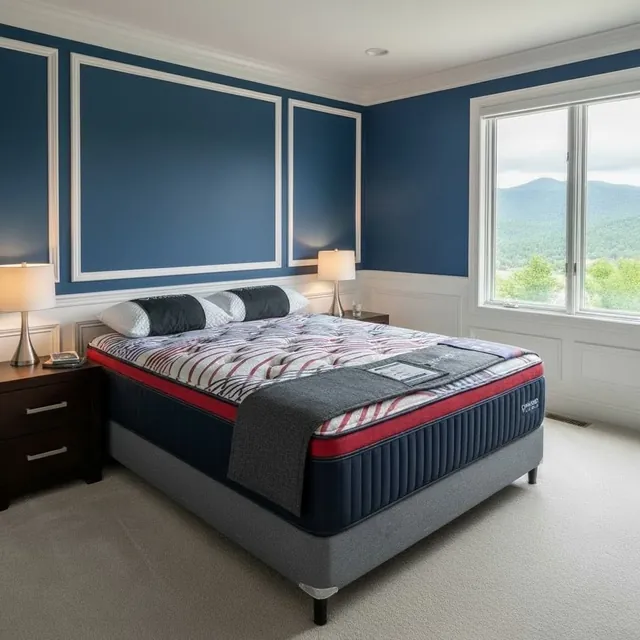 Diamond mattress with a red, white and navy top on a gray base