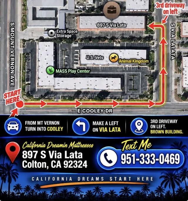 Map to 897 S Via Lata, Colton: from Mt Vernon Ave turn onto E Cooley Dr, make a left on Via Lata, 3rd driveway on the left, brown building.