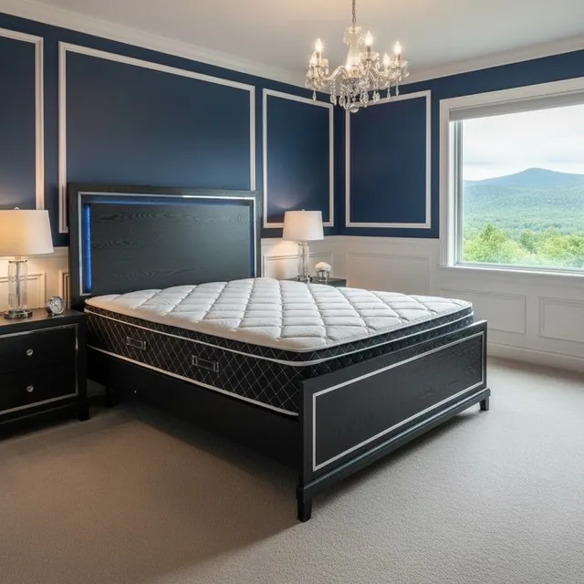White quilted pillow-top mattress with dark diamond-quilted sides on a black bed with a blue LED-lit headboard, chandelier and mountain view