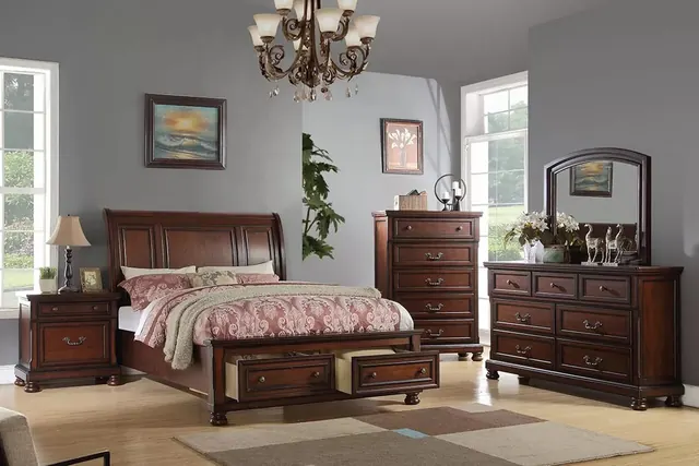 Poundex F9290 cherry bedroom set: sleigh-style bed with footboard drawers, dresser with mirror, chest and nightstand