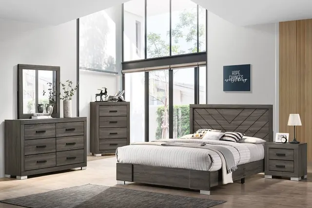 Poundex F9578 bedroom set: bed, dresser with mirror, chest and nightstand in a gray wood look