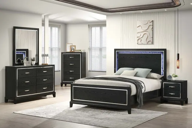 Poundex F9672 black bedroom set: bed with a lighted headboard, dresser with mirror, chest and nightstand
