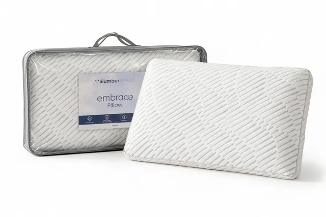 SlumberShield Embrace Memory Foam Pillow with its zippered carry bag