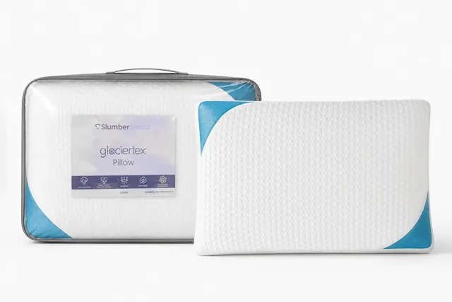 SlumberShield Glaciertex Pillow with its zippered carry bag