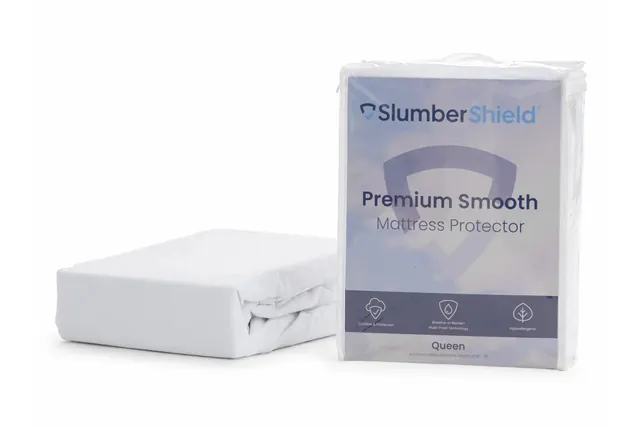 SlumberShield Premium Smooth Mattress Protector next to its retail package