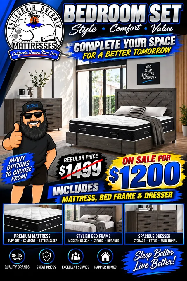 Flyer: bedroom set on sale for $1,200, regularly $1,499, including mattress, bed frame and dresser