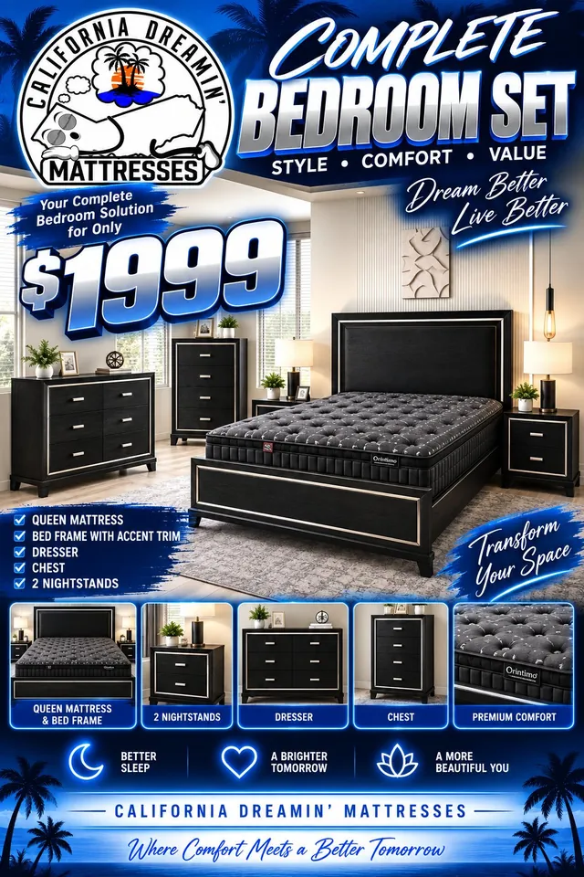 Flyer: complete bedroom set for $1,999 with queen mattress, bed frame with accent trim, dresser, chest and 2 nightstands