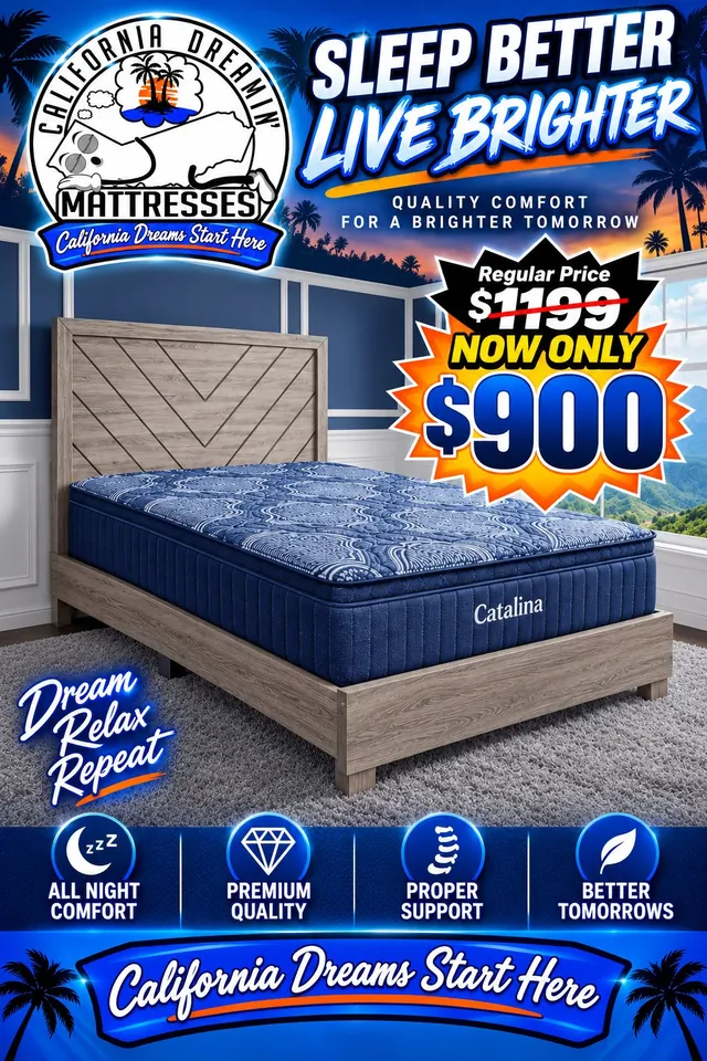 Flyer: Catalina mattress on a gray wood bed frame, now only $900, regularly $1,199