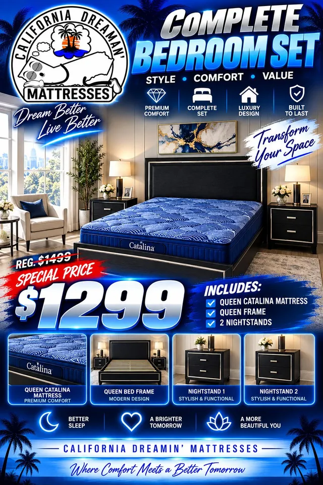 Flyer: special price $1,299, regularly $1,499, for a queen Catalina mattress, queen frame and 2 nightstands