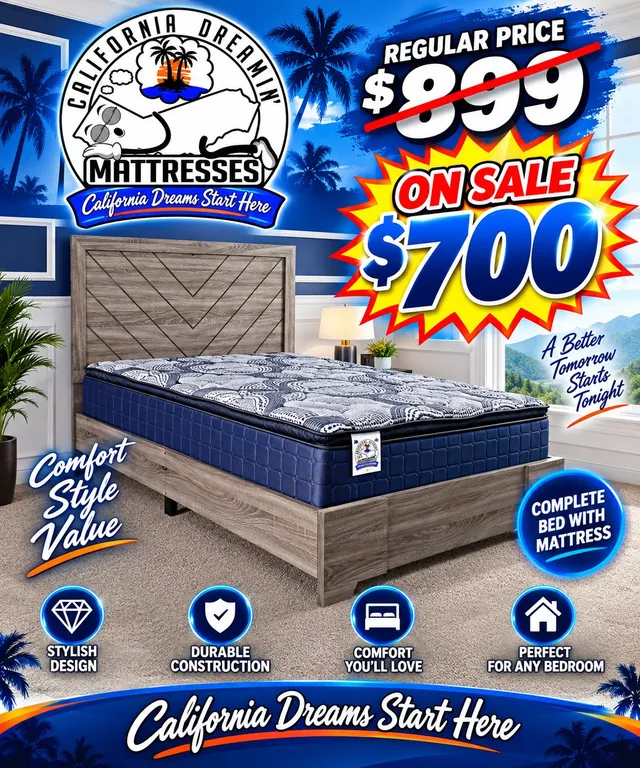 Flyer: complete bed with mattress on sale for $700, regularly $899