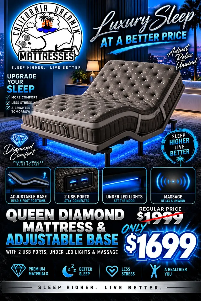 Flyer: queen Diamond mattress and adjustable base for only $1,699, regularly $1,999, with 2 USB ports, under-bed LED lights and massage