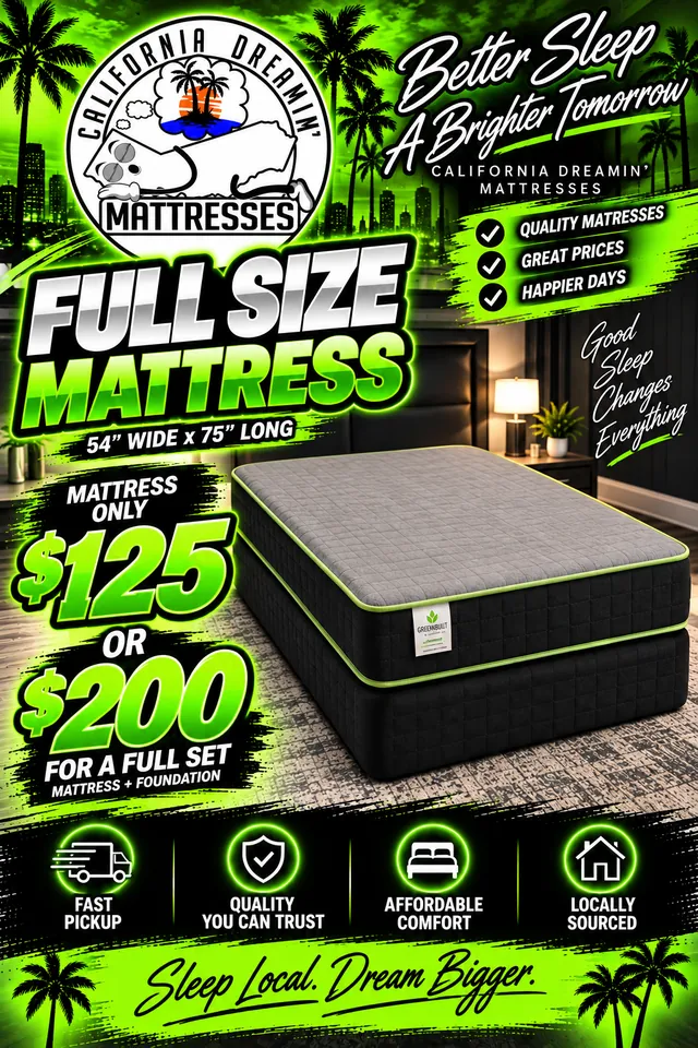 Flyer: full size mattress (54 by 75 inches) only $125, or $200 for a full set with mattress and foundation